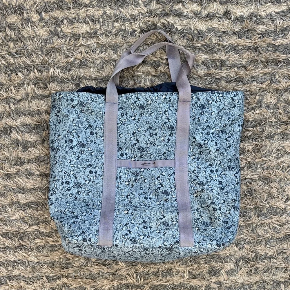 Eddie Bauer LARGE Blue Floral Tote, with Drawstring Pouch/Liner